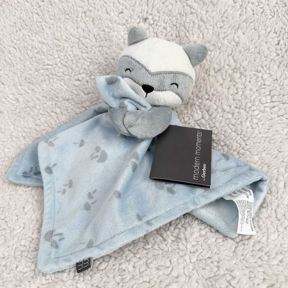 NWT Modern Moments Gerber Raccoon Fox Lovey Security Blanket Blue Baby Plush